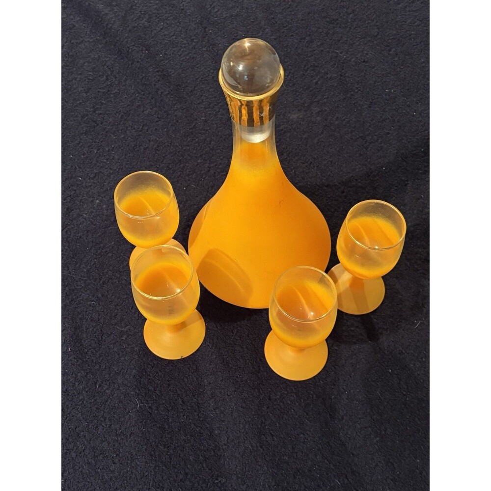 Vintage Blendo Frosted Amber Orange Decanter & 4 Cordial Glasses MCM Bar Set